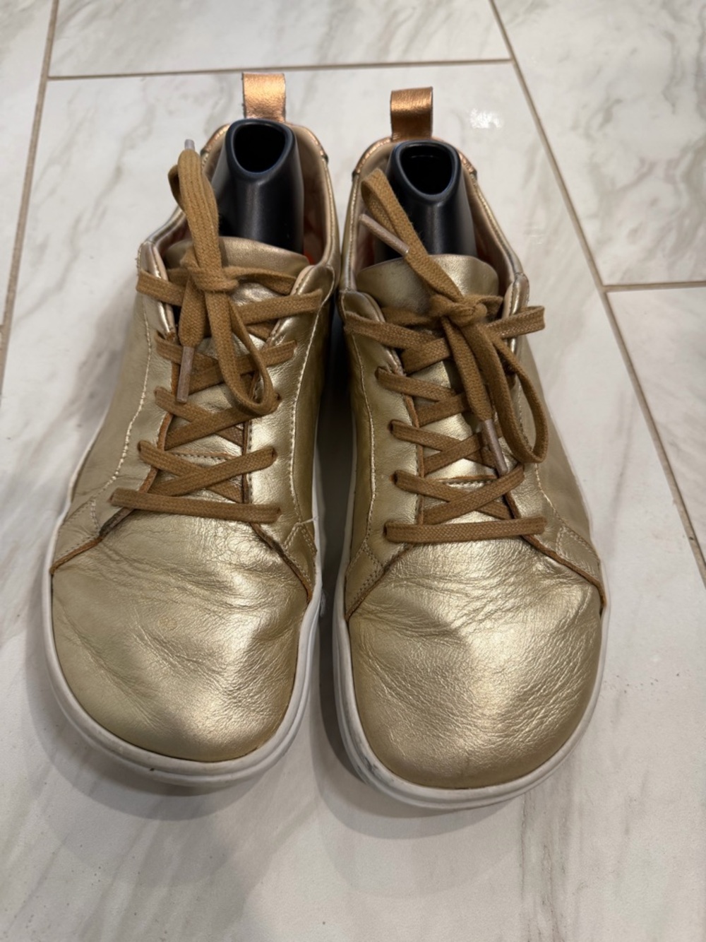Women's Metallic Gold Lace-Up Sneakers - Casual Barefoot Wide Toe Box